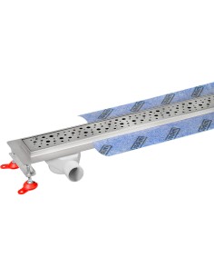 Immagine reale: Canalina doccia Wiper Premium Offset con uscita laterale, griglia di design Mistral e sifone