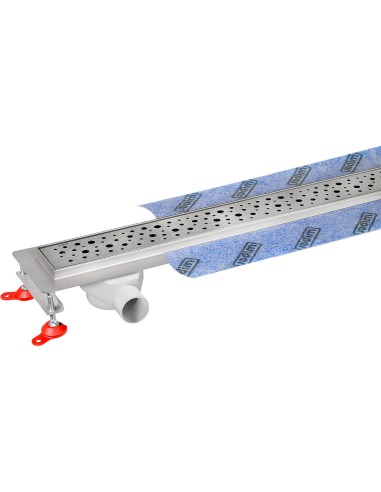 Immagine reale: Canalina doccia Wiper Premium Offset con uscita laterale, griglia di design Mistral e sifone