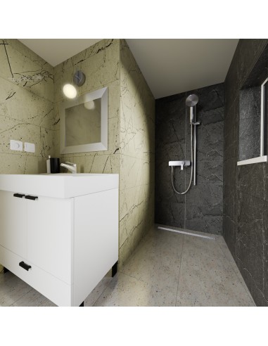 Esempio: Design bagno rustico in schema di colori beige-nero e spazio doccia aperto Esempio: Design bagno rustico in schema di colori beige-nero e spazio doccia aperto