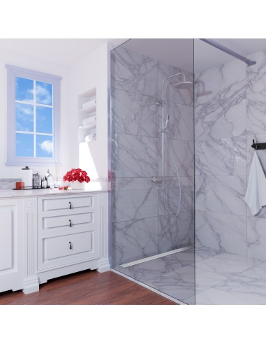 Esempio di doccia elegante e luminosa in effetto marmo con scarico lineare minimalista a muro