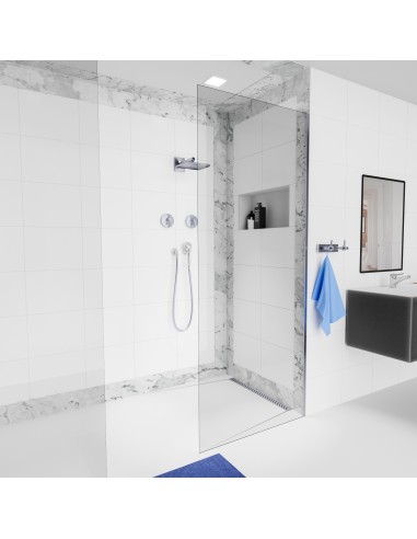 Esempio di concetto bagno chiaro con piastrelle classiche, pendenza a 4 vie e scarico a muro