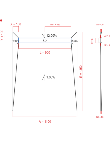 Showerlay Wiper 4 way 1100 x 1350 mm Line Premium Pure 900 mm Brushed, Spessore: 20 a 6 mm Uscita: 450 mm, Trappola per rifiuti: H+M Drop 35/50 