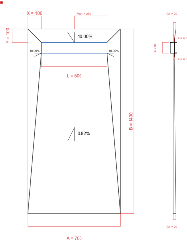 Showerlay Wiper 4 way 700 x 1400 mm Line Premium Pure 500 mm Brushed, Spessore: 20 a 8 mm Uscita: 250 mm, Trappola per rifiuti: H+M Drop 35/50 