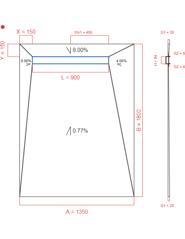 Showerlay Wiper 4 Way 1350 X 1800 Mm Line Premium Pure 900 Mm Brushed, Spessore: 20 A 6 Mm Uscita: 450 Mm, Trappola Per Ri...