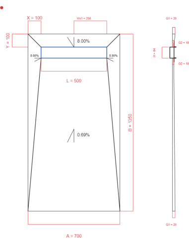 Showerlay Wiper 4 Way 700 X 1350 Mm Line Premium Pure 500 Mm Brushed, Spessore: 20 A 10 Mm Uscita: 250 Mm, Trappola Per Ri...