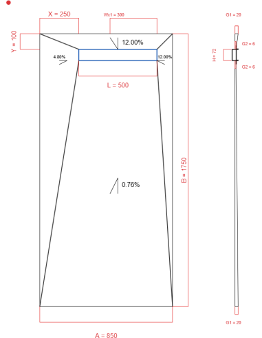 Showerlay Wiper 4 way 850 x 1750 mm Line Elite Pure 500 mm Brushed Brass, Spessore: 20 a 6 mm Uscita: 200 mm, Trappola per rifiuti: H+M Drop 35/50 