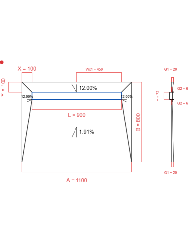 Showerlay Wiper 4 way 1100 x 800 mm Line Elite Pure 900 mm Brushed Brass, Spessore: 20 a 6 mm Uscita: 450 mm, Trappola per rifiuti: H+M Drop 35/50 
