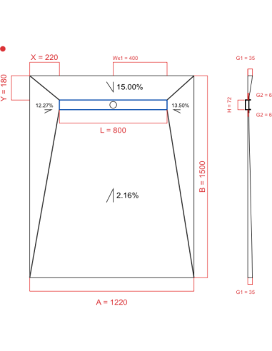 Showerlay Wiper 4 way 1220 x 1500 mm Line Elite Ponente 800 mm Brushed Brass, Spessore: 35 a 6 mm Uscita: 400 mm, Trappola per rifiuti: H+M Drop 50/50 